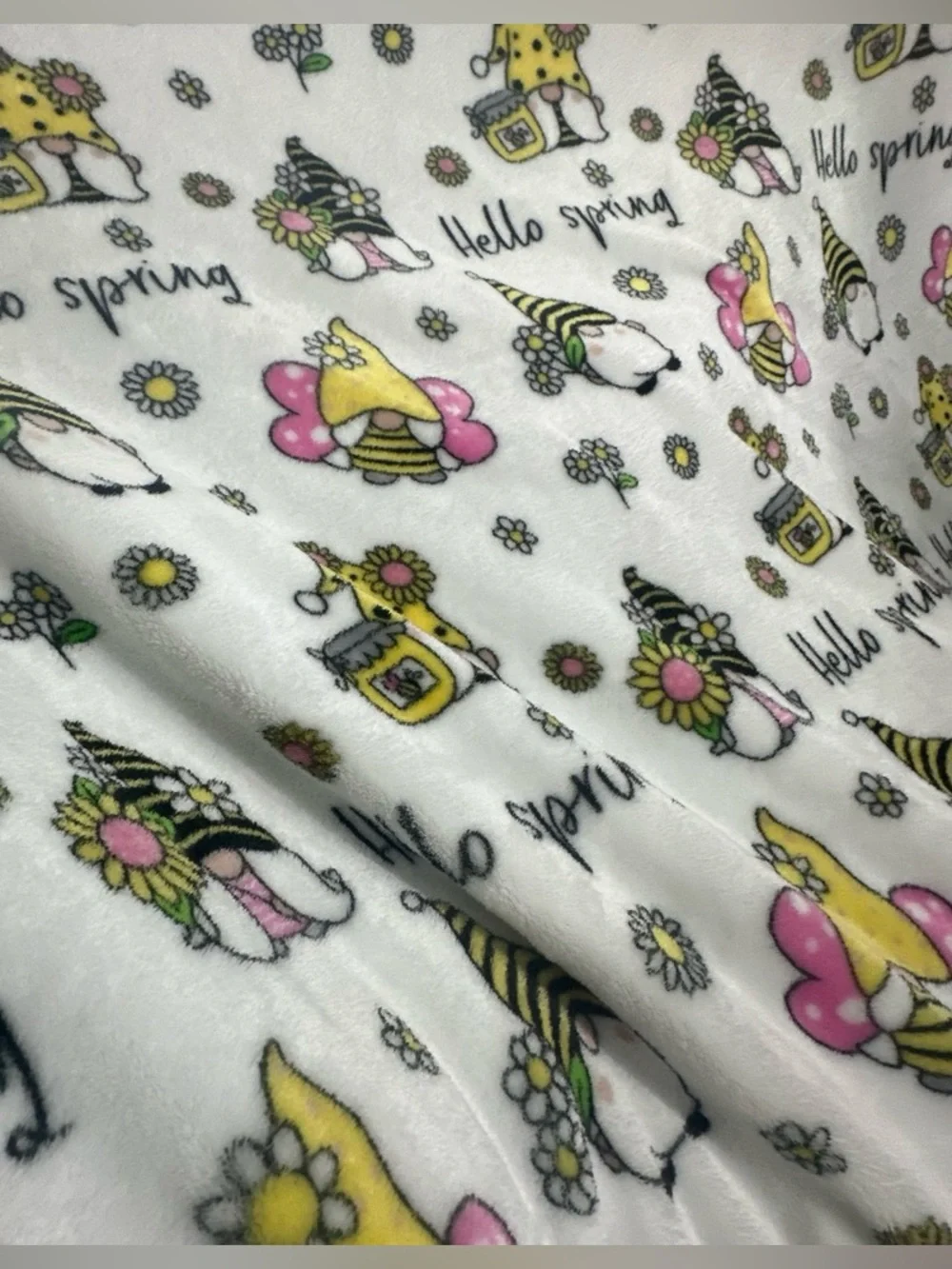 Hello Spring Plush Blanket - Yellow & Pink Gnome Design